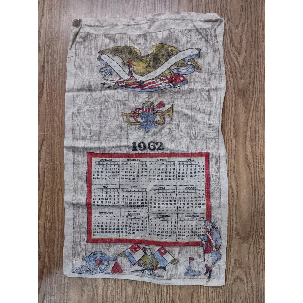 Vintage 1962 Stevens Linen Kitchen Calendar Tea Towel Americana 100% Linen